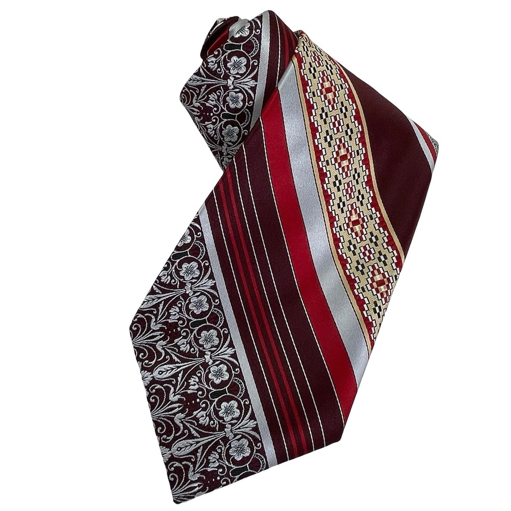 Vintage 1970s Wide Necktie Tie Burgundy Red Silver Floral Geometric Italy Mod
